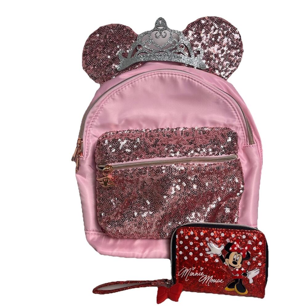 Pink Sequin Backpack Disney Bibbidi Bobbidi Minnie Ears Cruise Line  & Wallet